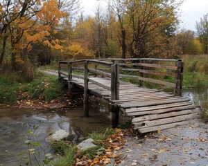 Fototapeta premium Rustic wooden bridge over stream bordered by autumn leaves in countryside