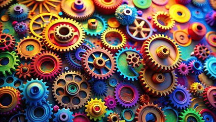 Fototapeta premium Colorful, abstract gears and machinery on a vibrant backdrop , machinery, gears, colorful, abstract, circles