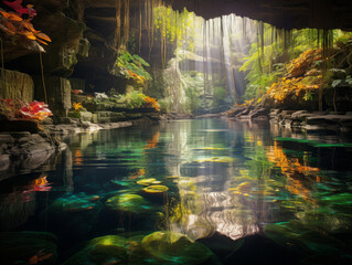 Bright Sunbeams penetrating at Ik-Kil cenote inlet