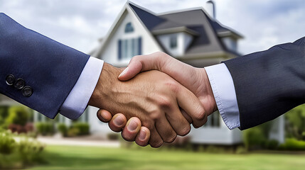 Real estate business deal, shaking hands after successful transfer and acquisition of residential property