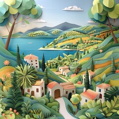 Fototapeta premium Origami Paper Illustration of Corfu's Olive Groves and Hills