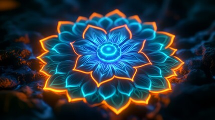 Obraz premium A vibrant, glowing flower with intricate details, radiating an ethereal aura.