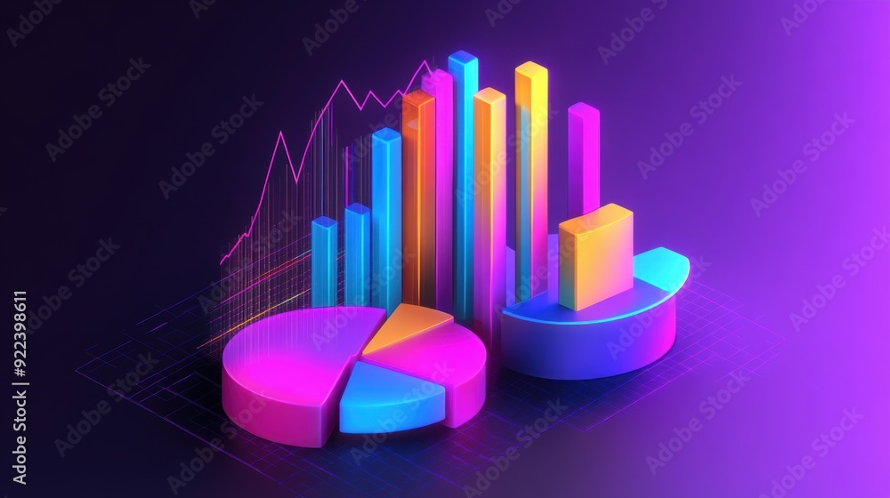 Poster a colorful pie chart with a bar graph on top, ai