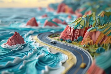 Fototapeta premium Origami Paper Illustration of Pacific Coast Highway in Big Sur