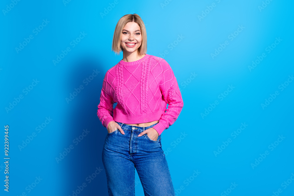 Sticker Photo of pretty young woman posing empty space wear pink pullover isolated on blue color background