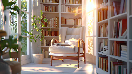 A cozy reading nook with a large window looking out onto a lush garden, cozy reading nook, large window, lush garden view, reading corner, garden view, comfortable 