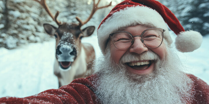 Santa's Festive Selfie: Jolly old Saint Nick takes a snowy selfie with his reindeer pal, capturing the magic of Christmas. 