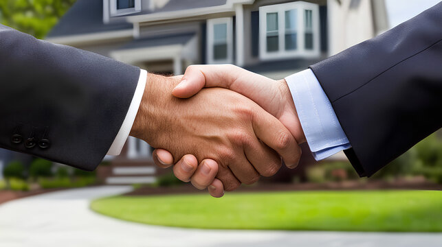 Real estate business deal, shaking hands after successful transfer and acquisition of residential property