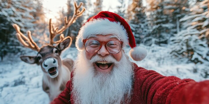 Santa's Selfie:  A jolly Santa Claus takes a selfie with his reindeer in a snowy winter wonderland, capturing the festive spirit and joy of the holiday season. 