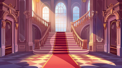 Obraz premium The Medieval castle royal hall interior with stairs cartoon background, game background, Illustration