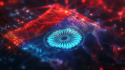 A digital rendering of the Indian flag with glowing red, white, and blue lights. independent day of india