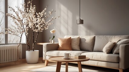 modern living room decor with a sofa, table and blossoming branches