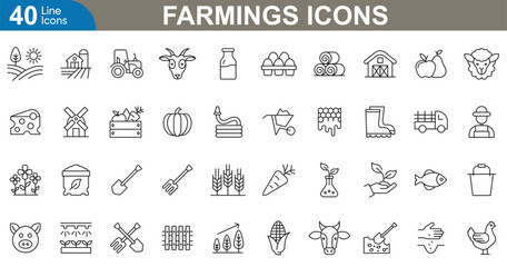 Farming line icons set. Tractor, agriculture, tools, containing, animals, garden fork, sowing, organic farming, farming equipment and more. vector illustration.