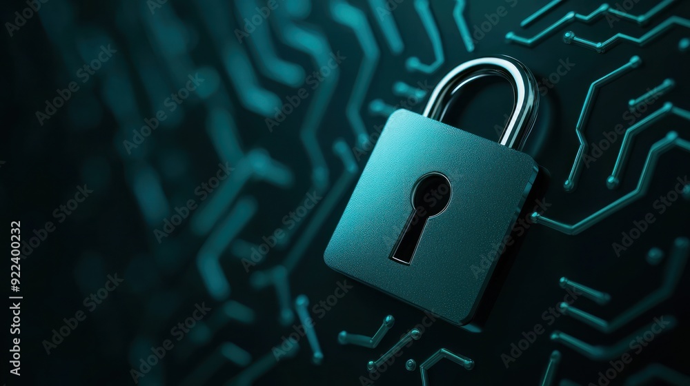 Poster a secure padlock on a digital circuit background, symbolizing cybersecurity, protection, and data se