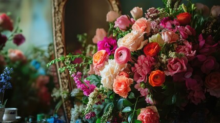 A lush bouquet of flowers, placed before a mirror, where the reflection enhances the vibrant colors and fullness.