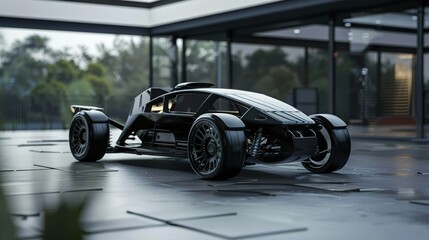 Sleek black sports car parked in modern garage.