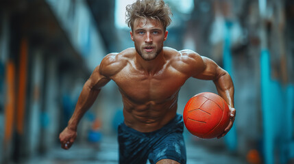 Strong muscular man  training with medicine ball, sportsman exercising outdoors, on a summer day, . Strength and motivation
