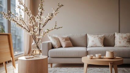 modern living room decor with a sofa, table and blossoming branches