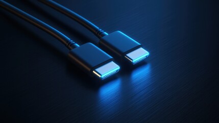 Close-up of illuminated USB-C cables on a dark surface, symbolizing modern technology and connectivity.