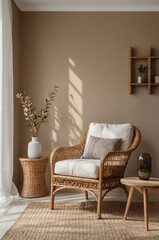 Boho interior design, living space with arm chair and empty wall, contemporary interior design