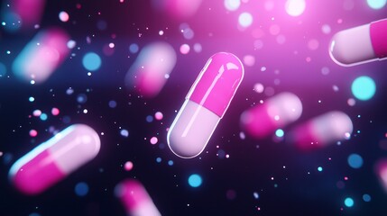 Colorful capsules floating in a vibrant background, symbolizing health and wellness in a modern healthcare concept.