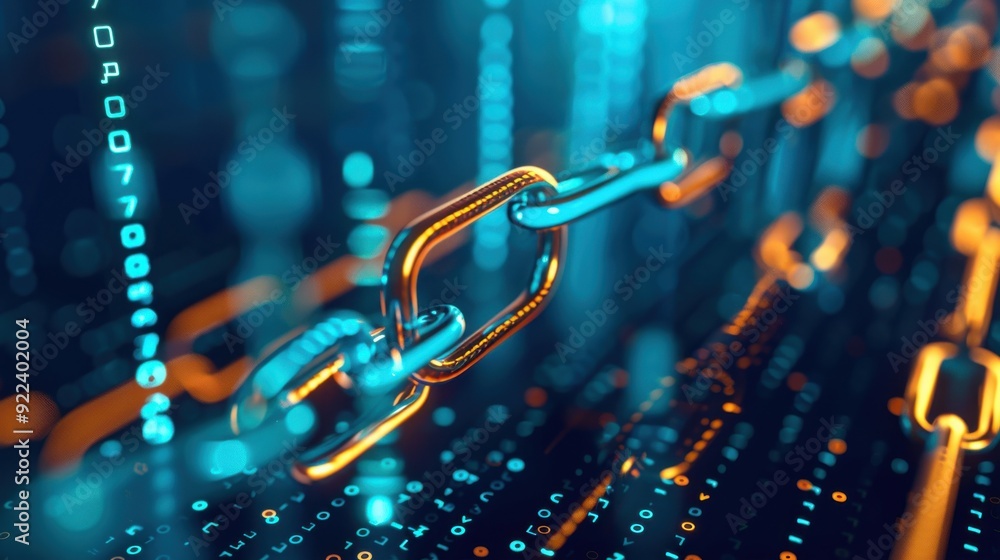 Poster blockchain network visualization with interconnected nodes, decentralized and secure.