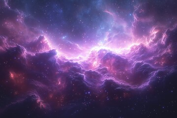 Fototapeta premium A vibrant cosmic cloud with purple and pink hues illuminated by distant stars in the night sky