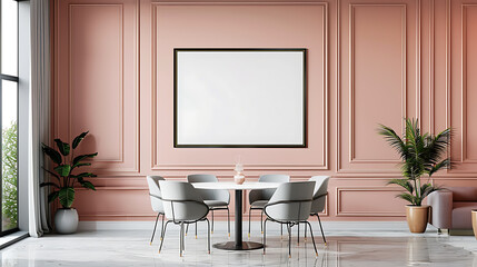 A modern dining room with a large, blank canvas above a round table with grey chairs. The walls are a soft pink color, creating a warm and inviting atmosphere.