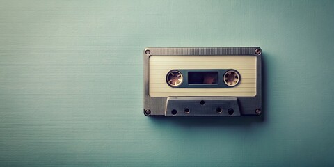 Vintage cassette tape on plain minimalist background, retro, music, nostalgia, old school, technology, audio