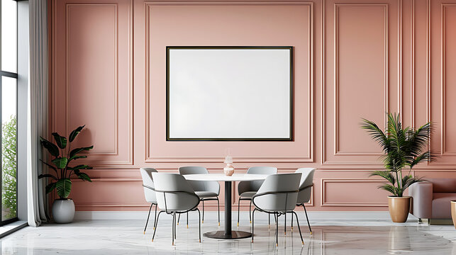 A modern dining room with a large, blank canvas above a round table with grey chairs. The walls are a soft pink color, creating a warm and inviting atmosphere.