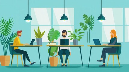 Fototapeta premium Business incubator, collaborative workspace with entrepreneurs, flat design illustration