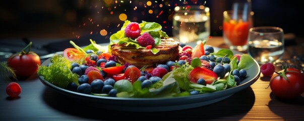 A vibrant and colorful plate of fresh salad topped with pancakes, berries, and greens, perfect for a healthy meal.