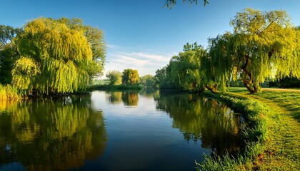 Fototapeta premium Serene park panorama with tranquil lake reflecting green trees and blue sky
