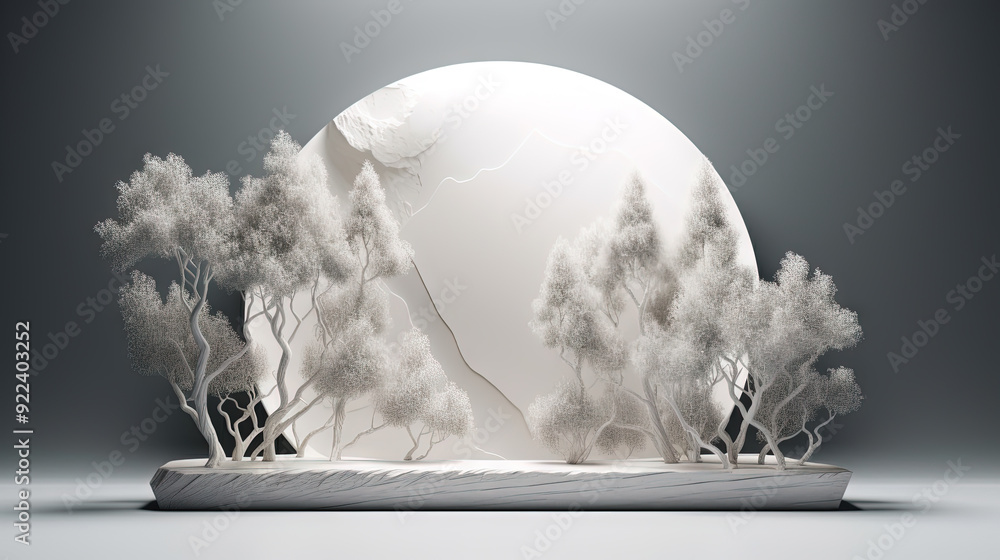 Aufkleber Interior with circular architecture form in 3D style. Abstract room with arc element and trees.