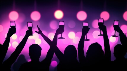 Silhouetted figures toast with glasses in front of vibrant lights, celebrating joy and togetherness at a festive event.