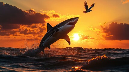 Fototapeta premium A breathtaking image of a shark leaping at dusk, trying to catch a bird flying above the ocean, silhouetted against the sunset.