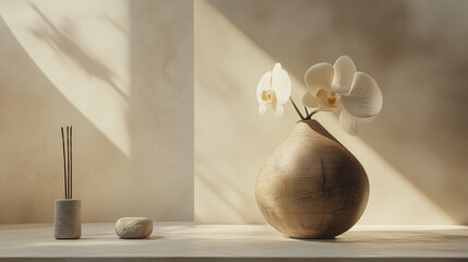 a portrait close-up photo focusing on traditional Japanese plant pots and similar elements that capture the essence of Wabi-Sabi