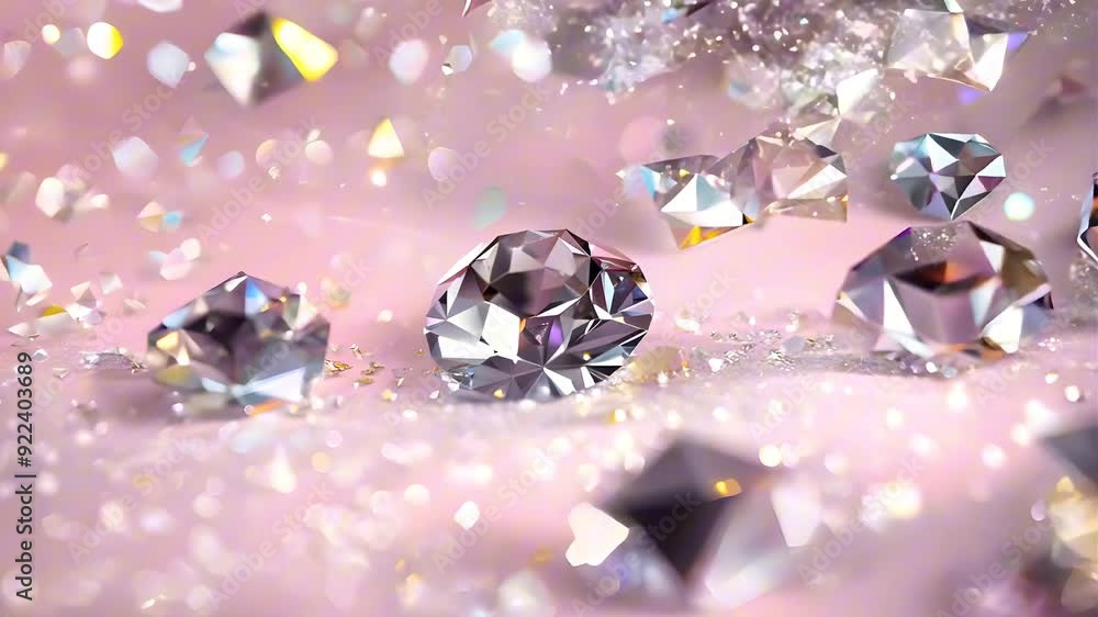 Poster glistening diamonds scatter across a soft pink surface illuminated by shimmering bokeh lights creati