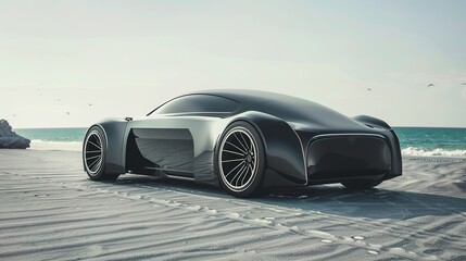 Sleek black sports car parked on a sandy beach.