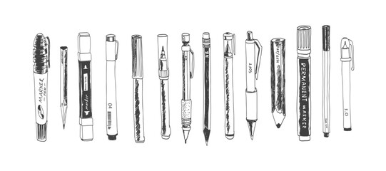 Hand drawn stationery set. Black and white vector doodle illustration. Set of school accessories and supplies. Artist's tools composition.