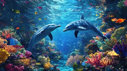 Obraz premium A pair of dolphins exploring a colorful coral reef, surrounded by a diverse array of fish and underwater vegetation.