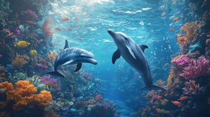 A pair of dolphins gracefully swimming near a coral reef, with a backdrop of vibrant fish and sea plants creating an enchanting scene.