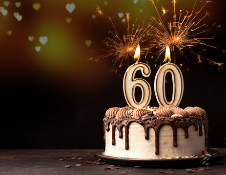 Birthday cake with 60 years birthday candle on dark background with hearts and sparklers. copy space