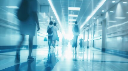 Hospital Corridor Scene, soft focus atmosphere, bustling with movement, cool white and blue tones, conveying a sense of urgency and healthcare activity, anonymity in the crowd