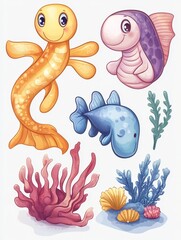 Obraz premium Cute Sea Creatures and Coral Reefs Illustration