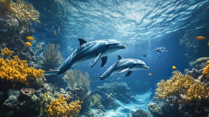 Obraz premium A serene underwater view of dolphins swimming around a coral reef, with fish and sea plants adding to the peaceful ambiance.