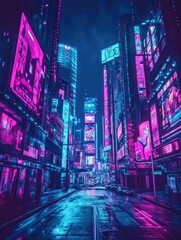 yberpunk-inspired cityscape at night, with neon lights and holographic advertisements glowing brightly