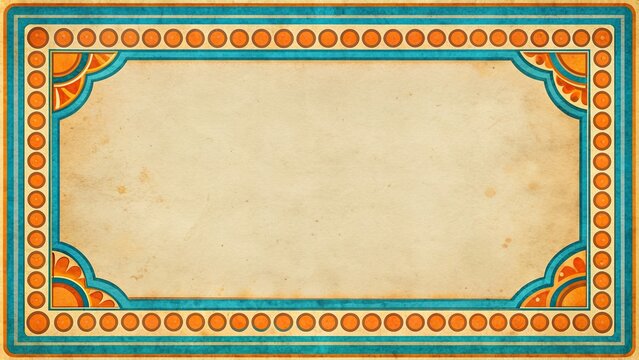 Retro 60s blue and orange frame border on worn paper, vintage design, retro, 60s, blue, orange, frame, border