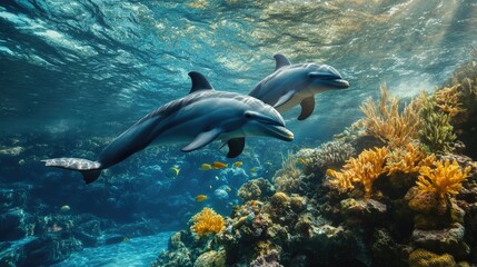 Naklejka premium A serene underwater view of dolphins swimming near a coral reef, with fish and sea plants creating a vibrant marine ecosystem.