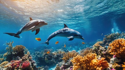 Obraz premium A serene underwater view of dolphins swimming near a coral reef, with fish and sea plants creating a vibrant marine ecosystem.